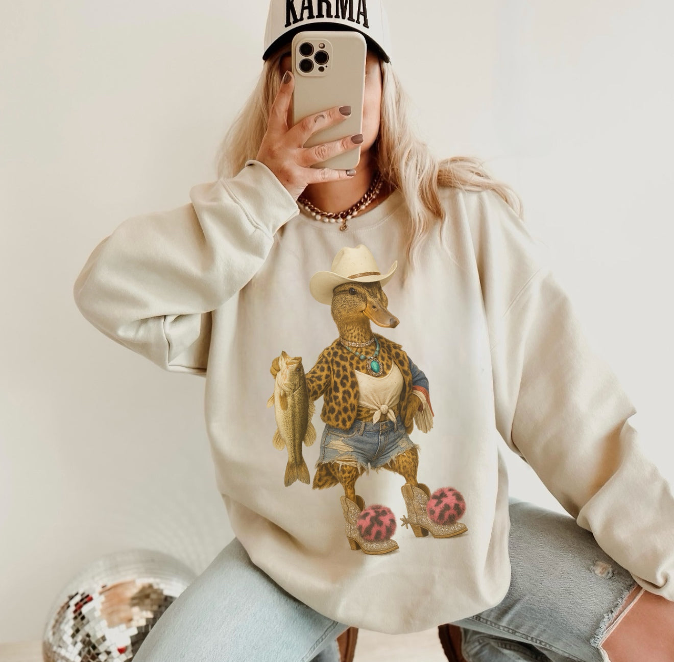 Fishing Cowgirl Duck Kids–Adult Gildan Sand Shirt – Graphic Tee, Long Sleeve & Crewneck.