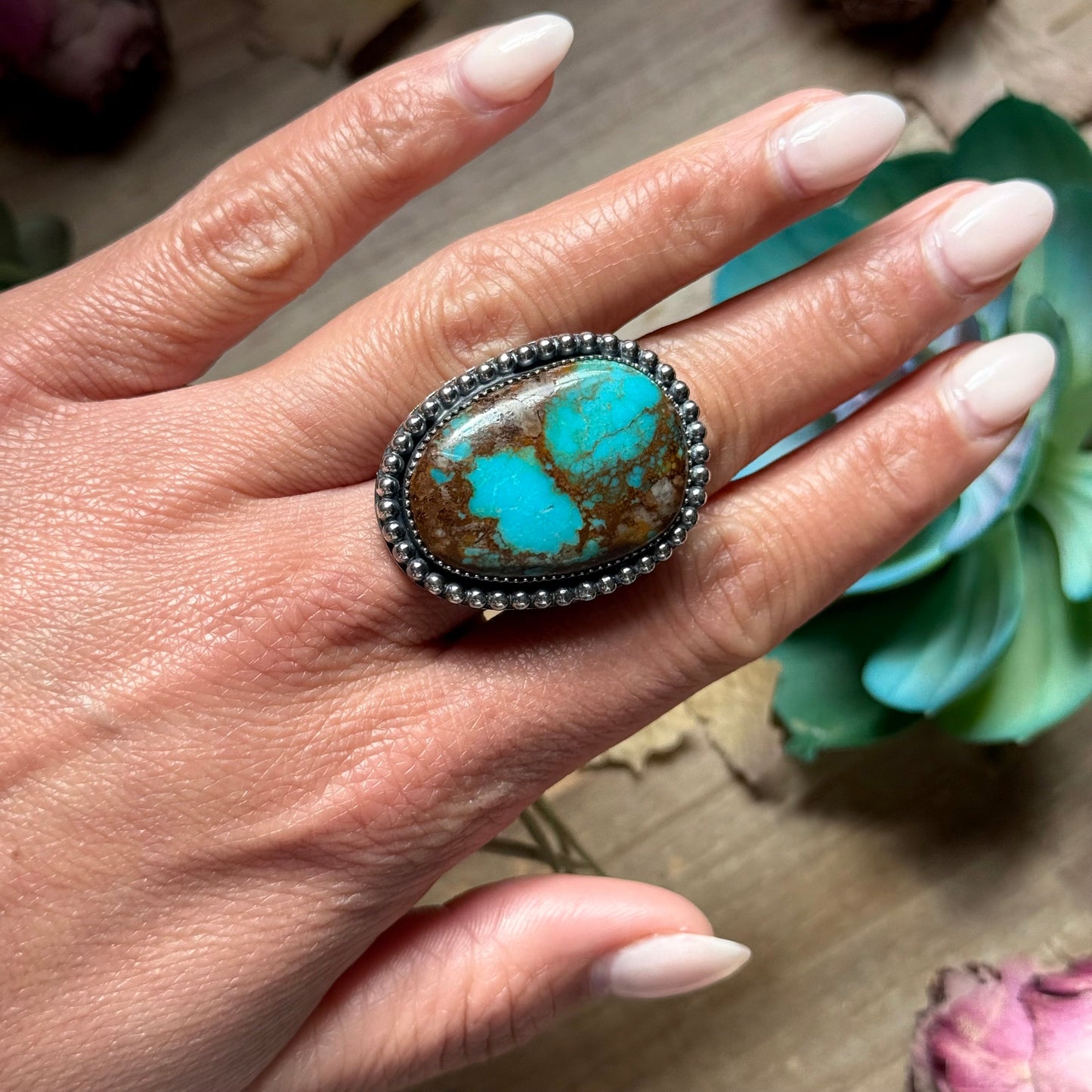MJ Blue Turquoise Ring – Sterling Silver Adjustable Band