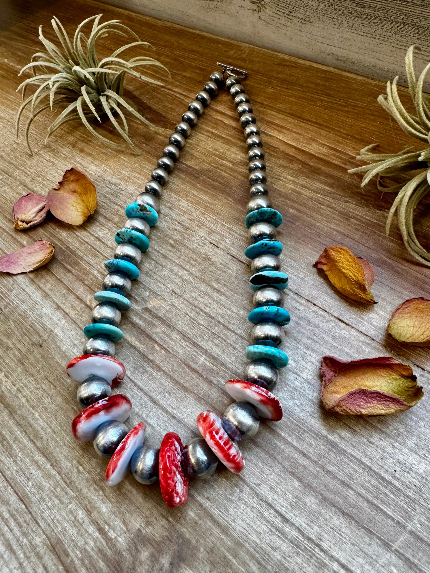 21 inch - American Rodeo Collection - 10 mm Sterling Silver Pearls, Red Spiny & Turquoise