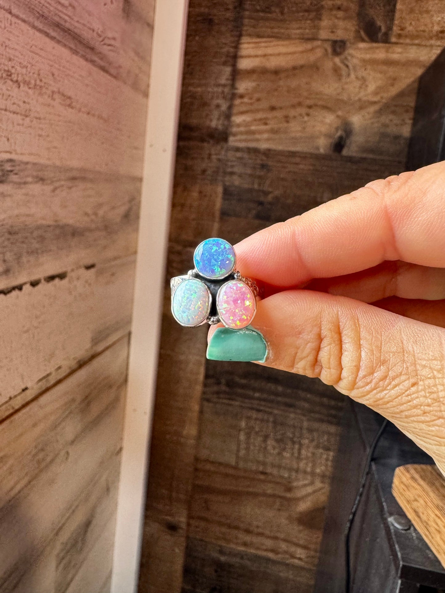 Adjustable Opal Ring – White, Blue & Pink Opal in Sterling Silver