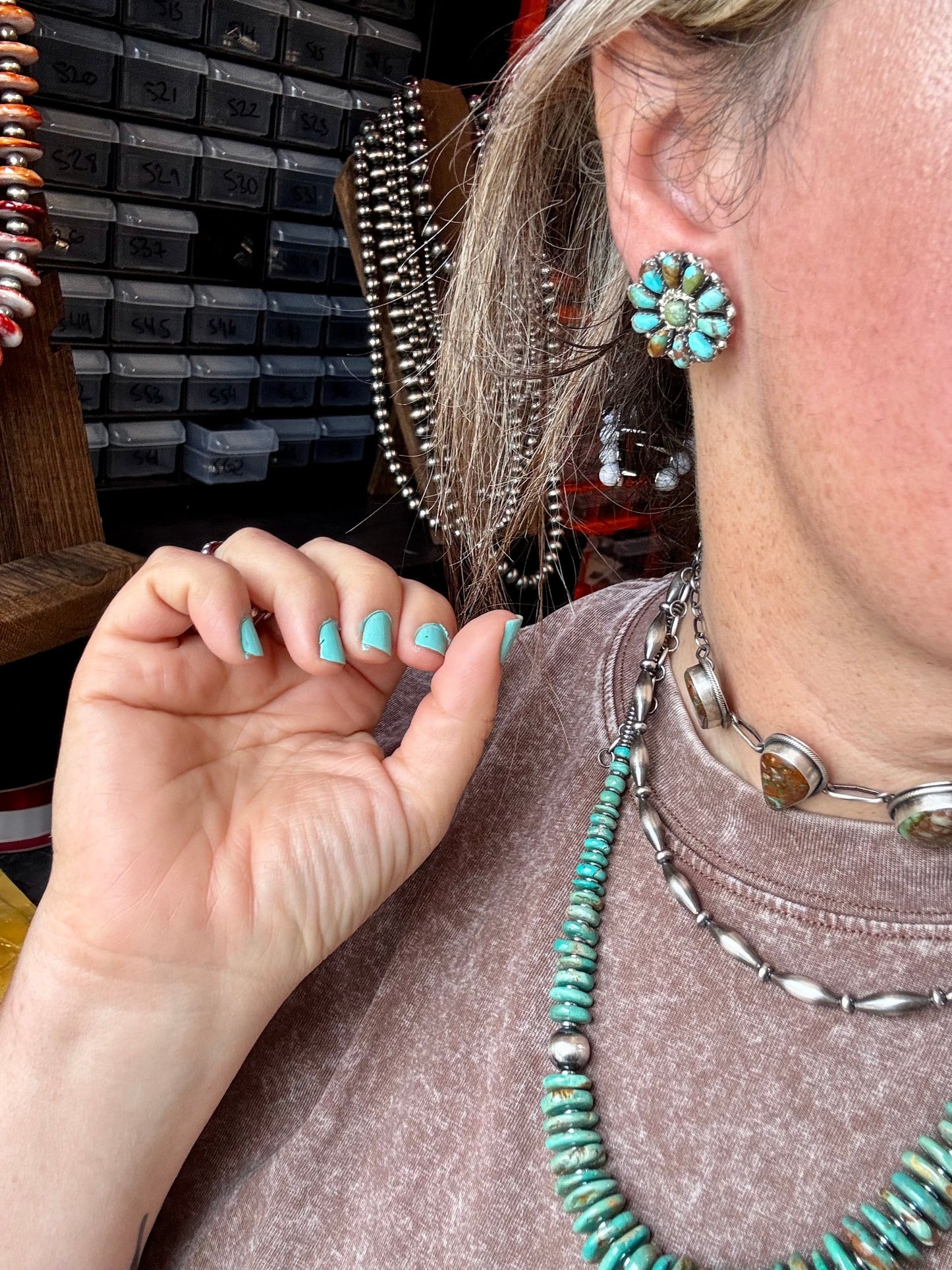 Cluster Earrings – Genuine Turquoise & Sterling Silver