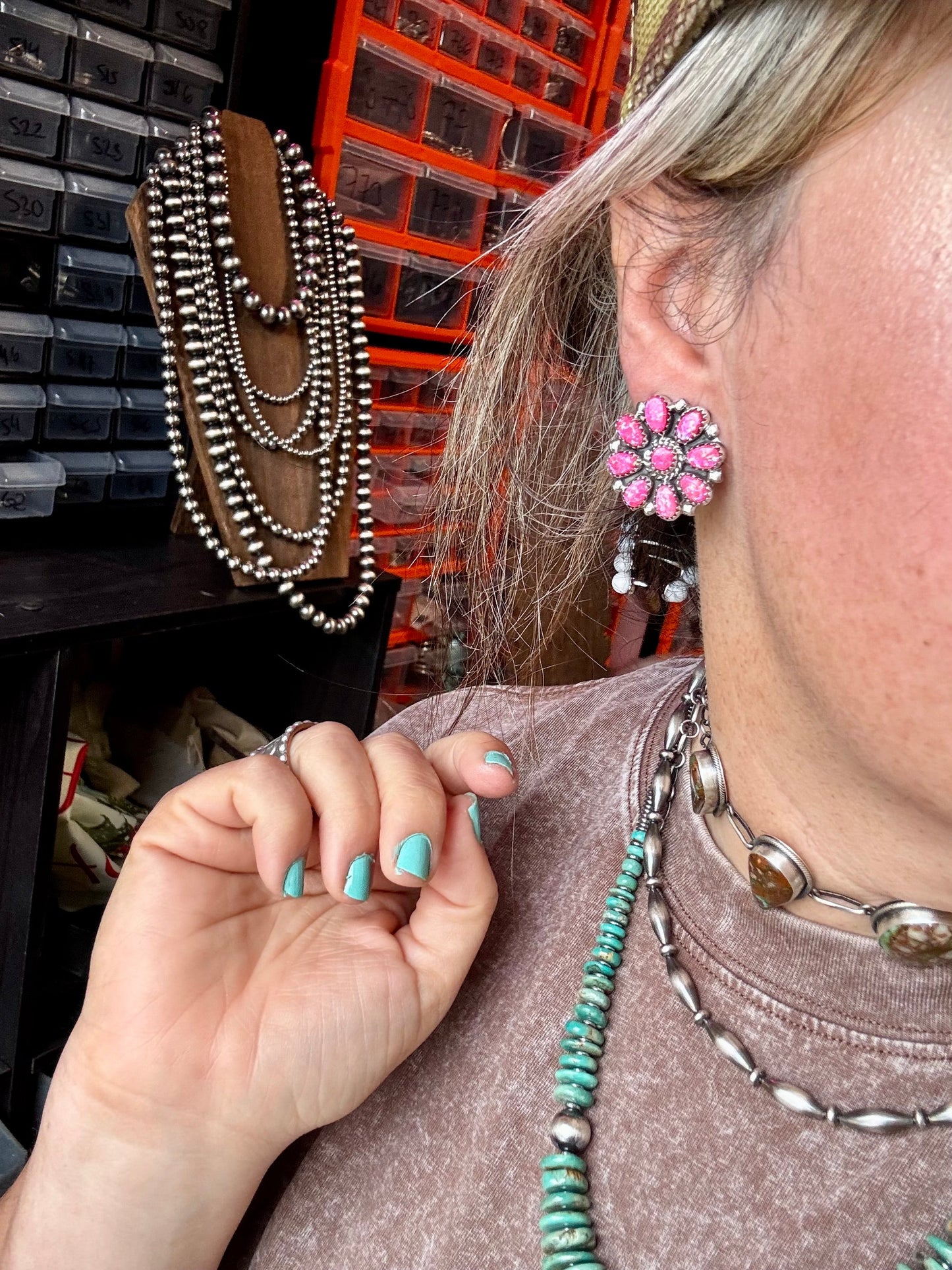 Cluster Earrings – Pink Opal & Sterling Silver