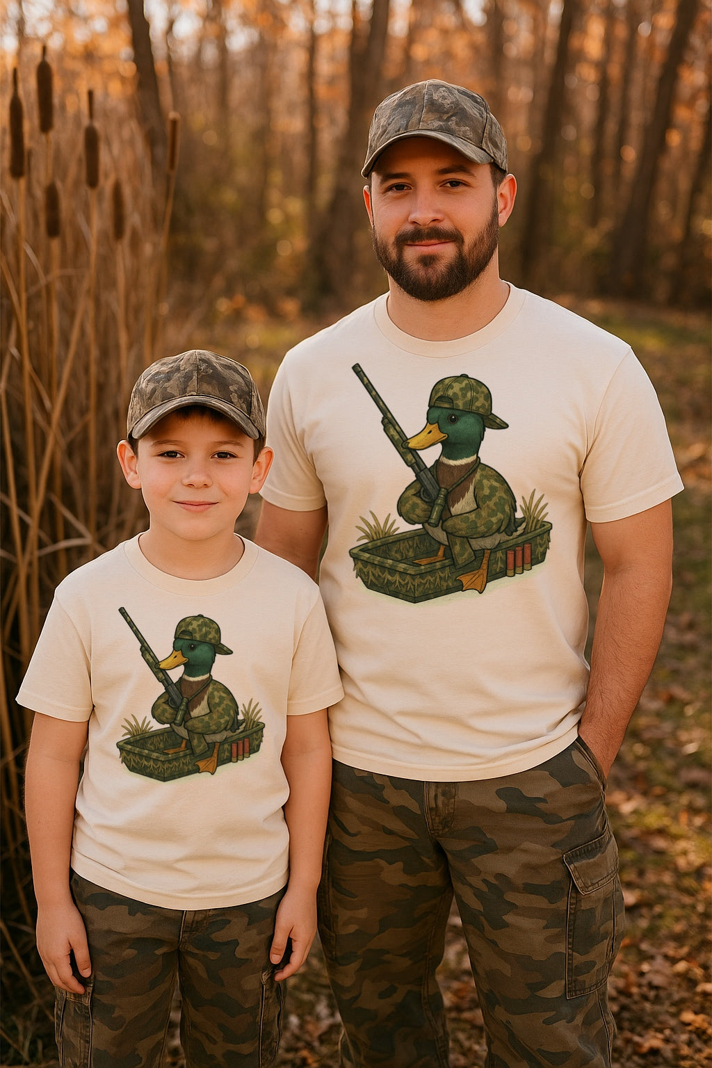 Camo Duck Hunter Dad & Kid Matching Kids–Adult Sizes Shirt – Graphic Tee, Long Sleeve & Crewneck