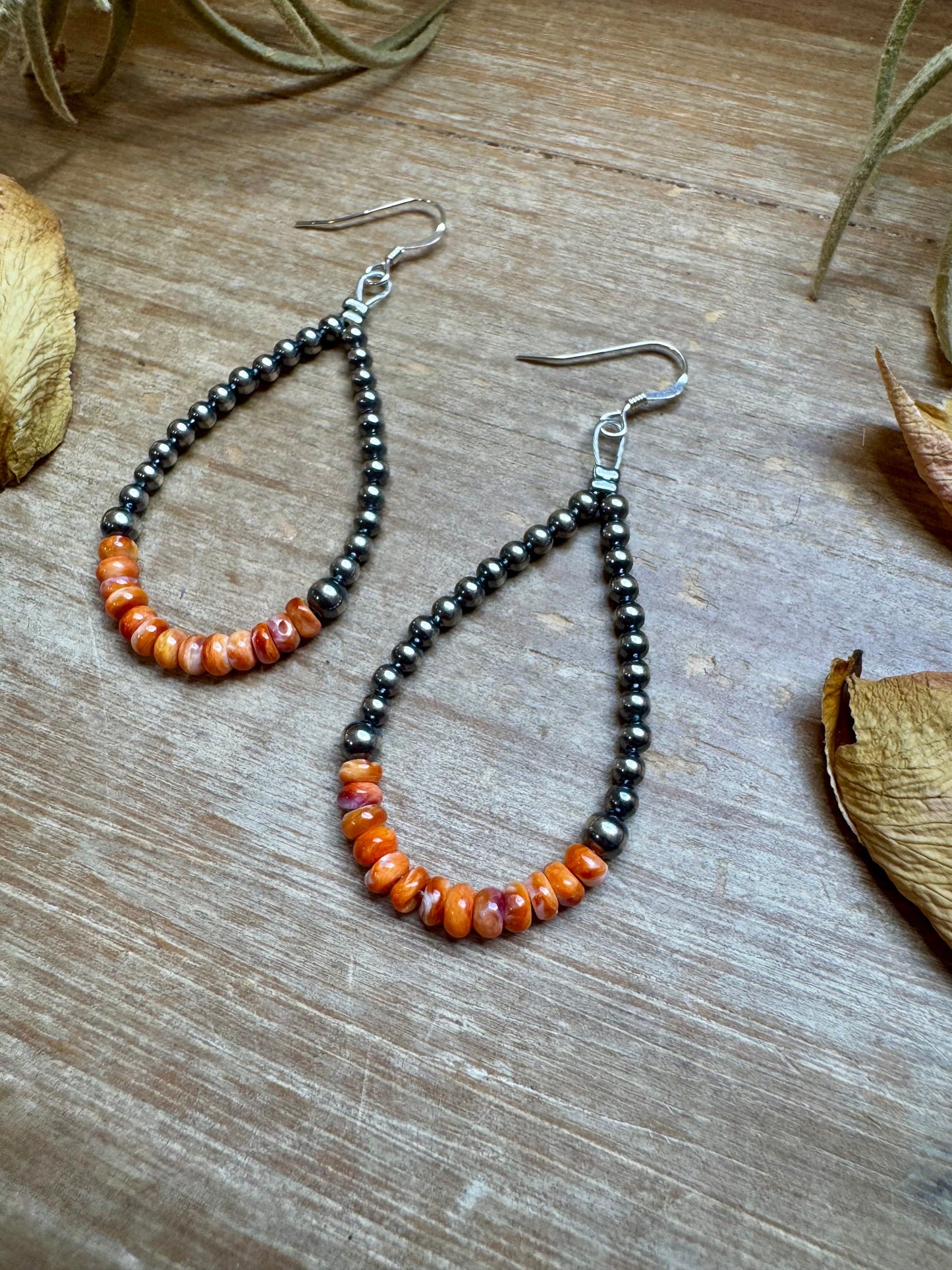 Teardrop Earrings – Sterling Silver Pearl & Orange Spiny Oyster