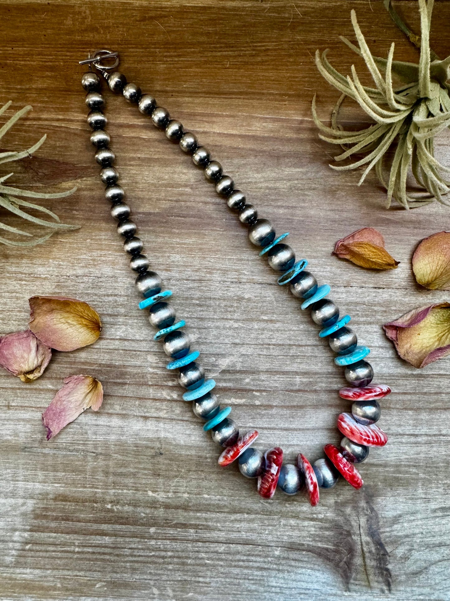 21 inch - American Rodeo Collection - 10 mm Sterling Silver Pearls, Red Spiny & Turquoise