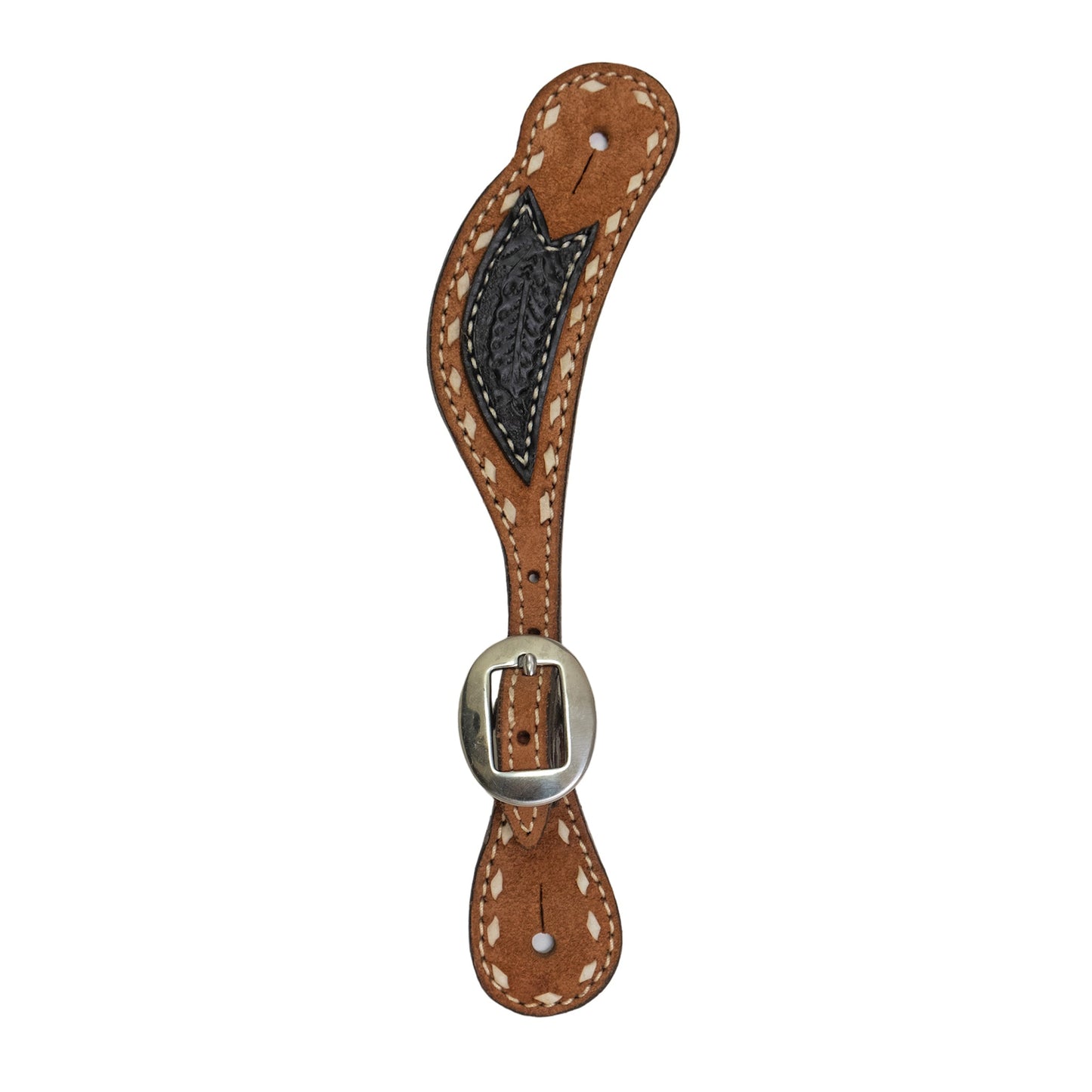382-AOA Ladies spur straps rough out toast leather with patch and buckstitch