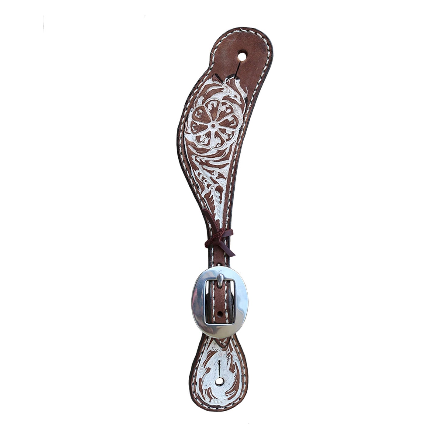 382-IRO Ladies spur straps rough out chocolate leather floral tooled with background paint