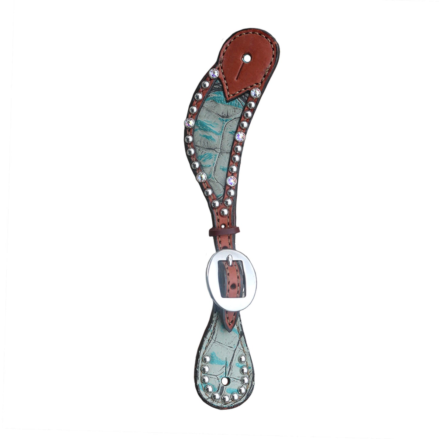 382-JGT Ladies spur straps golden leather turquoise gator inlay with crystals and spots