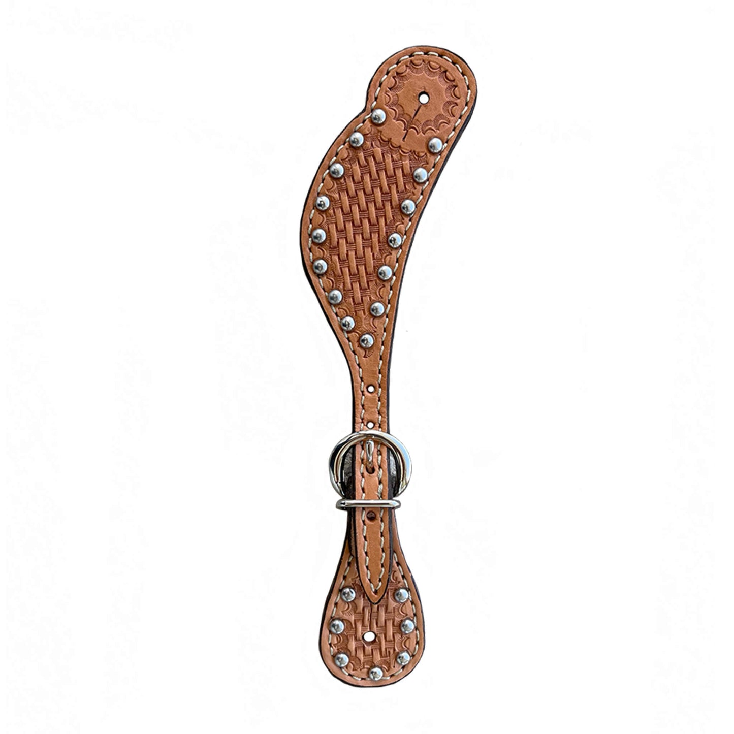 382-KP Ladies spur straps golden leather basket tooling with spots