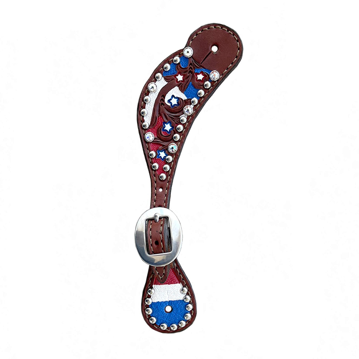 382-USAJ Ladies spur straps toast leather jeweled USA tooling