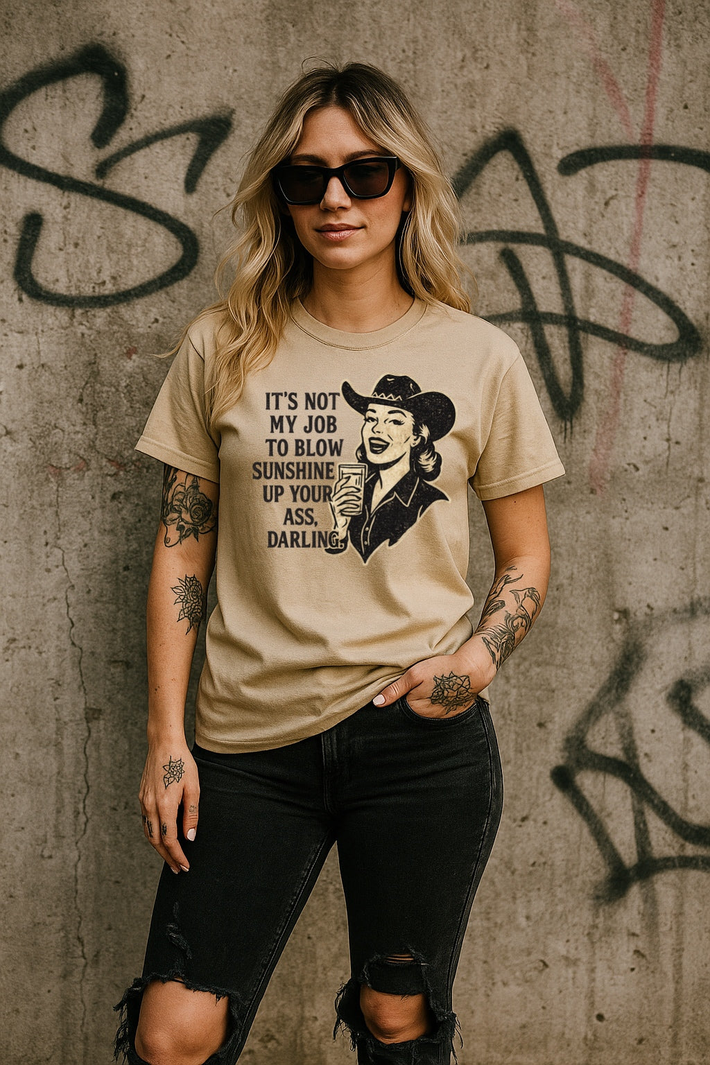 Sunshine Up Your Ass Darling Cowgirl Graphic Shirt – Graphic Tee, Long Sleeve & Crewneck