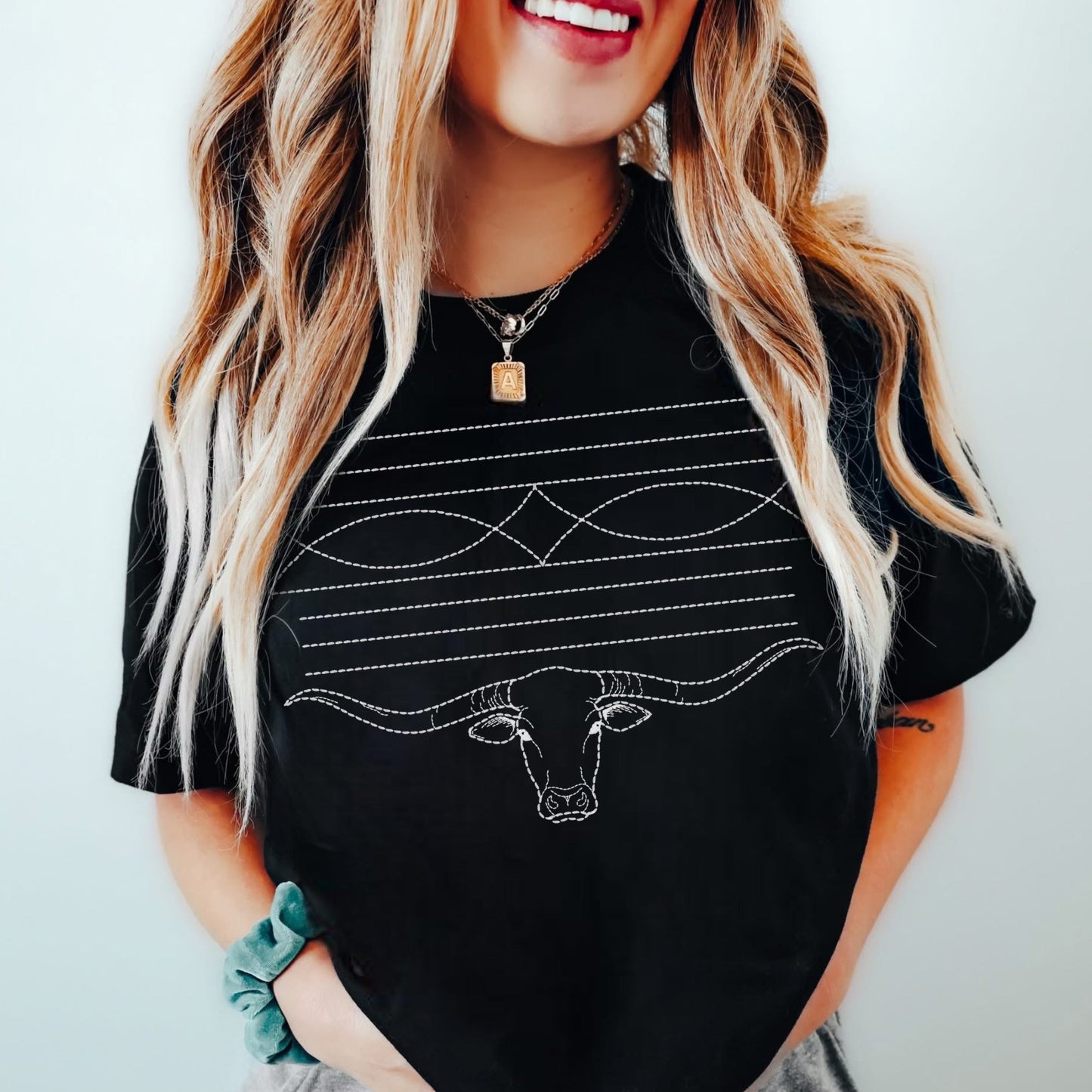 Western Longhorn Boot Stitch (DTF PRINT) Line Art Mommy & Me Kids–Adult Gildan Black Shirt – Graphic Tee, Long Sleeve & Crewneck.