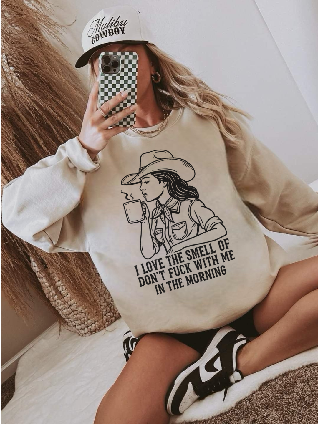 Don’t F*ck With Me In The Morning Cowgirl Coffee Gildan Sand Shirt – Graphic Tee, Long Sleeve & Crewneck.