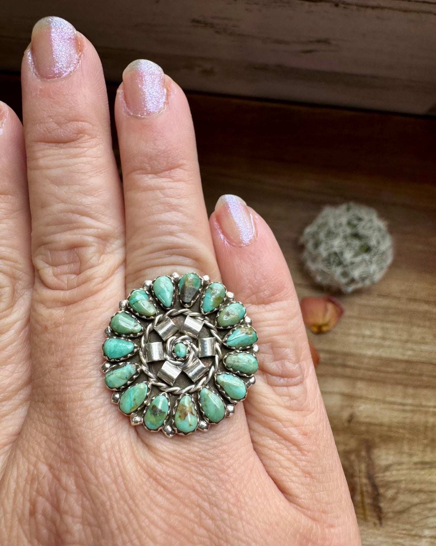 Round Cluster Ring- 2 Sizes Option - Turquoise Ring & Sterling Silver