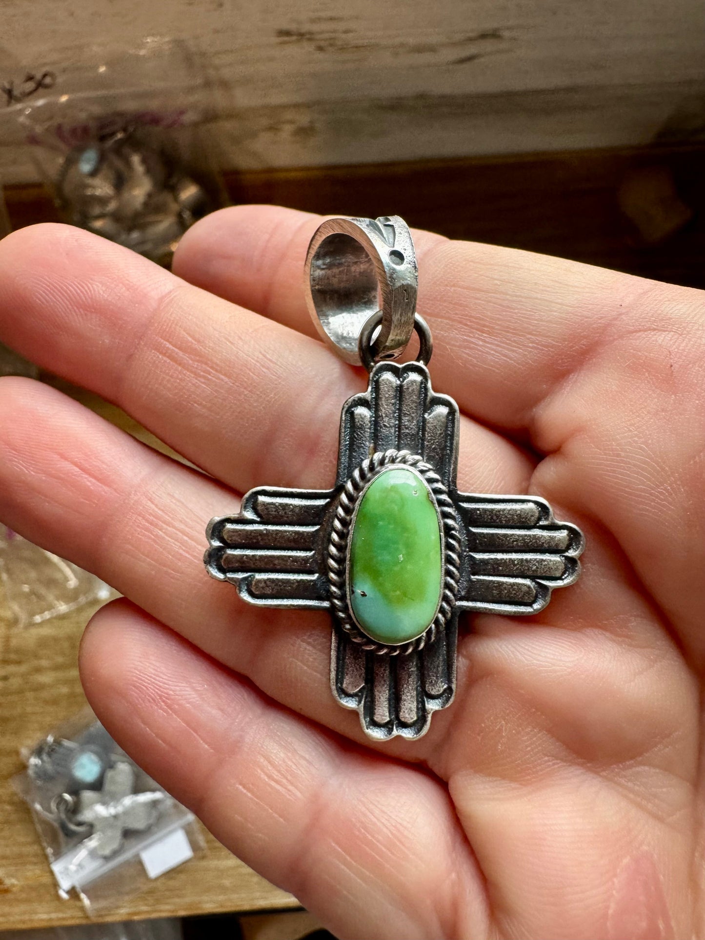 Zia Symbol Pendant with Sonoran Gold Turquoise – Sterling Silver – Native Made by K. Billah – Fits 8mm