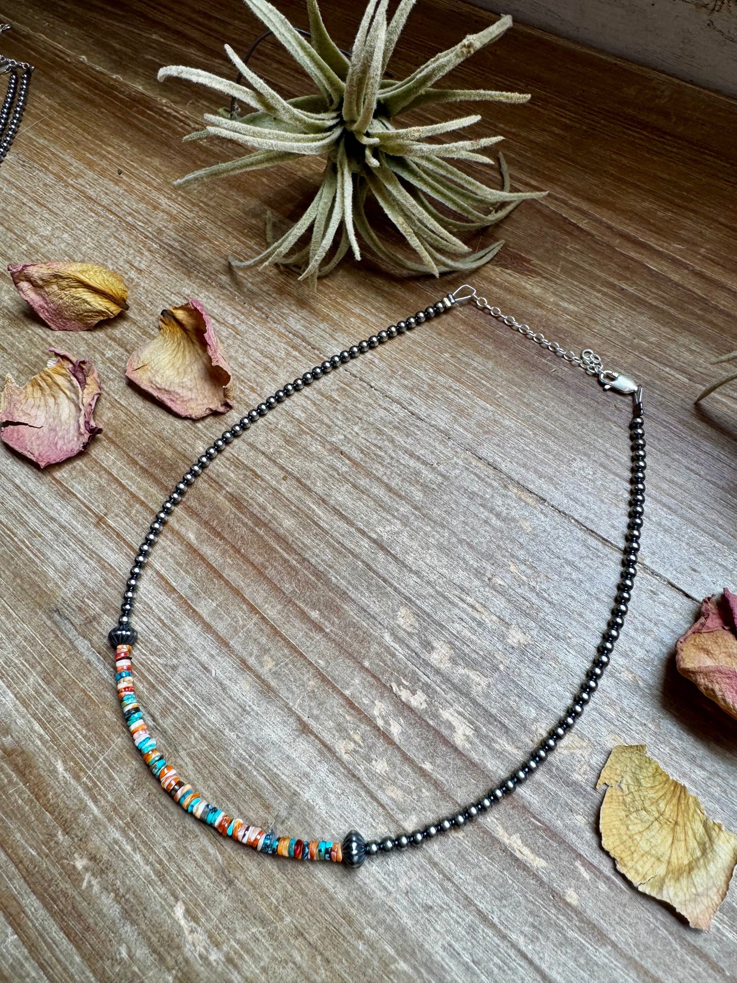 Sterling Silver Pearl Choker with Extra Spiny Oyster & Turquoise Heishi