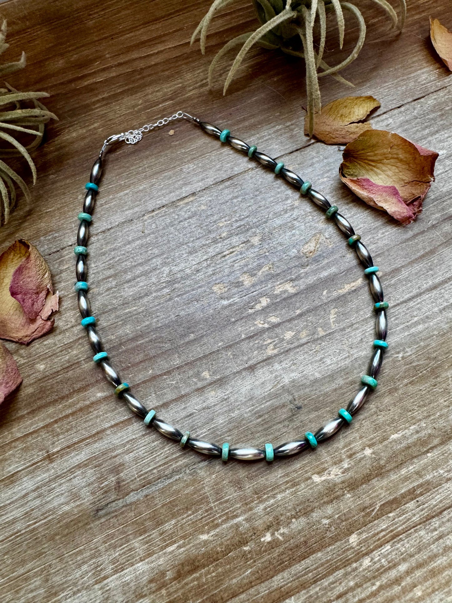 14-Inch Sterling Silver Torpedo & Blue/Green Mexican Turquoise Choker