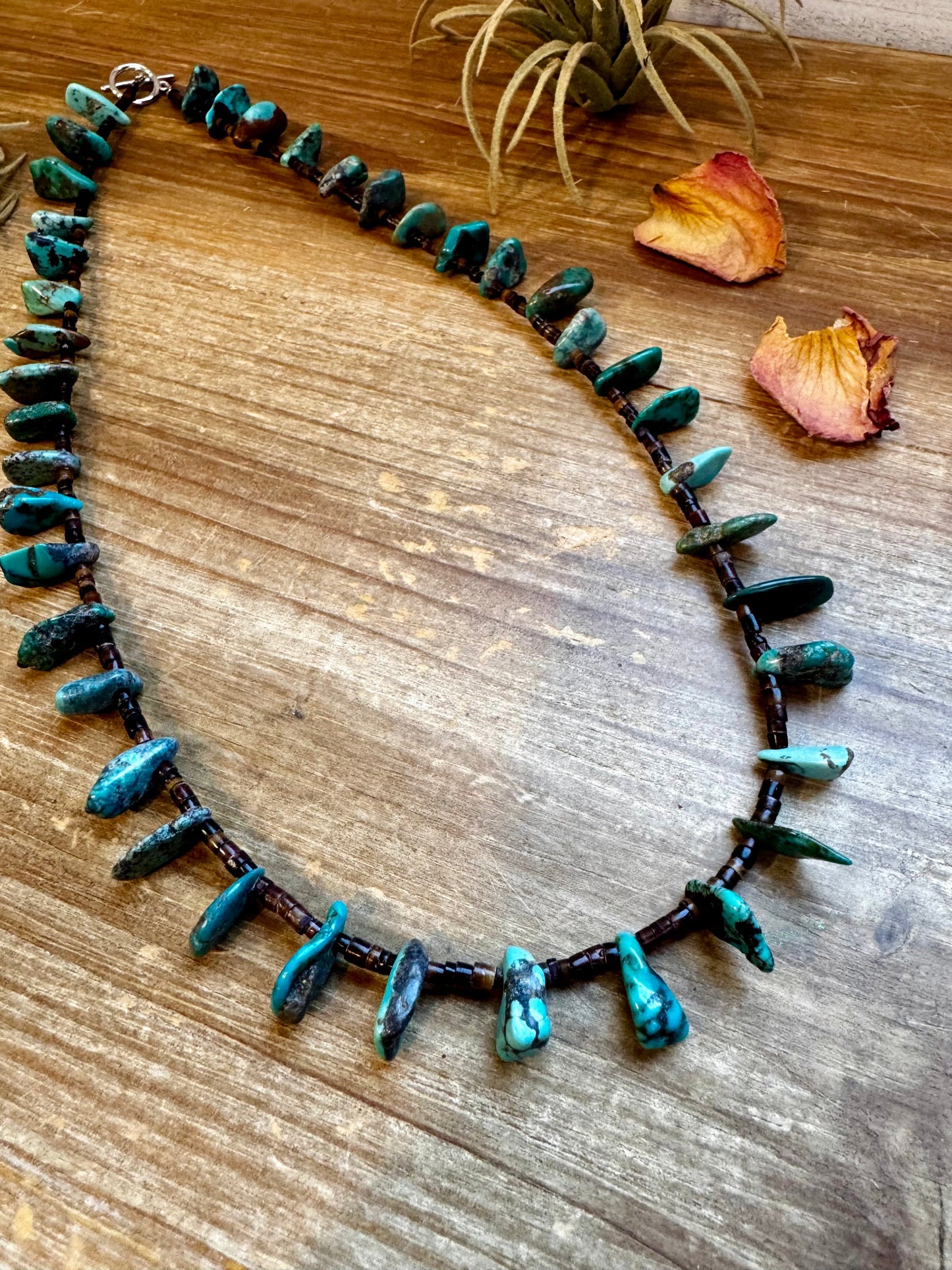24 inch long shell and turquoise necklace