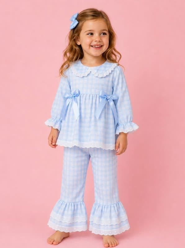 PREORDER-Blue Gingham Ruffle Bow Collared Pant Set