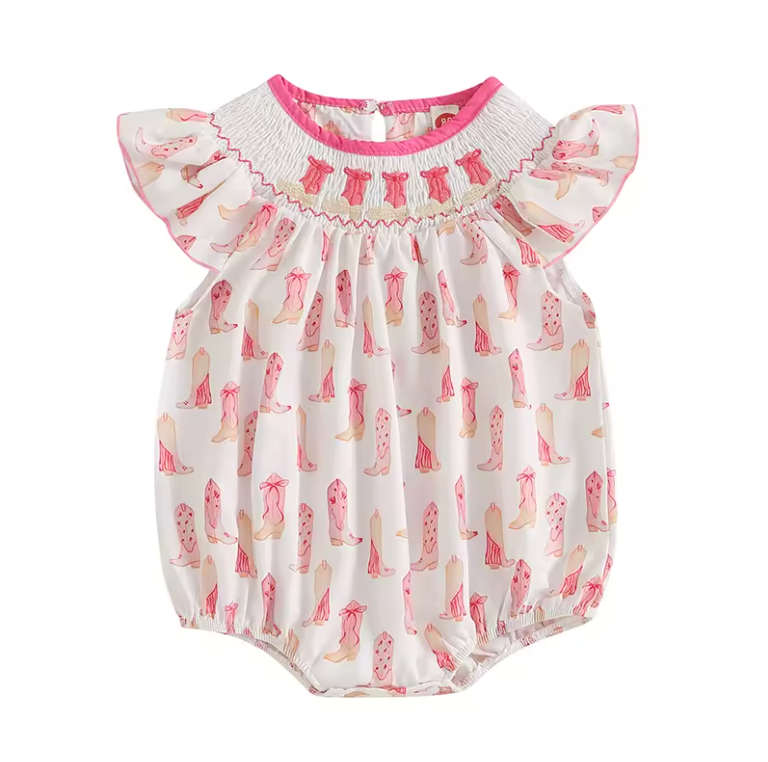 Cowgirl Boots Embroidered Smocked Romper RTS