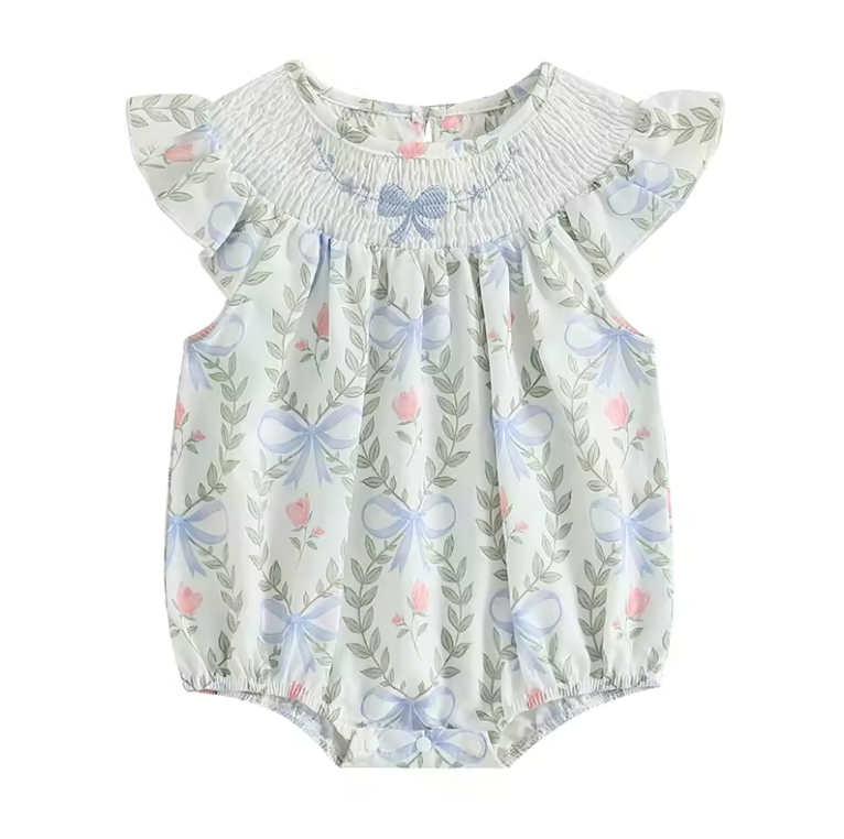 Soft Blue Bow Embroidered Smocked Romper