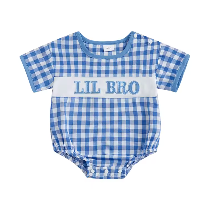Blue Gingham Little Bro Embroidered Romper