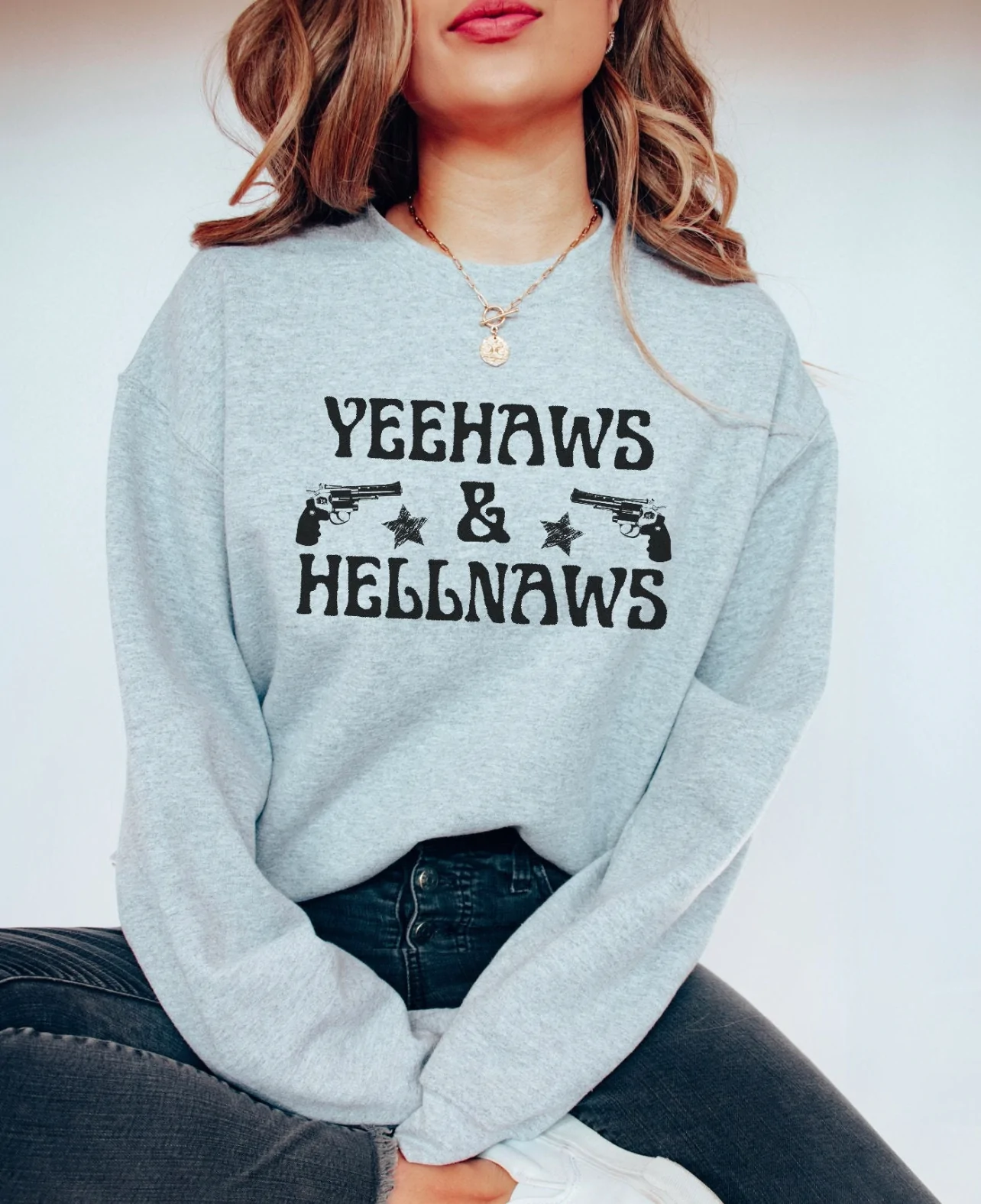 Yeehaws & Hellnaws Western Pistols Graphic on Gildan Softstyle Sport Grey Shirt â Graphic Tee, Long Sleeve & Crewneck.