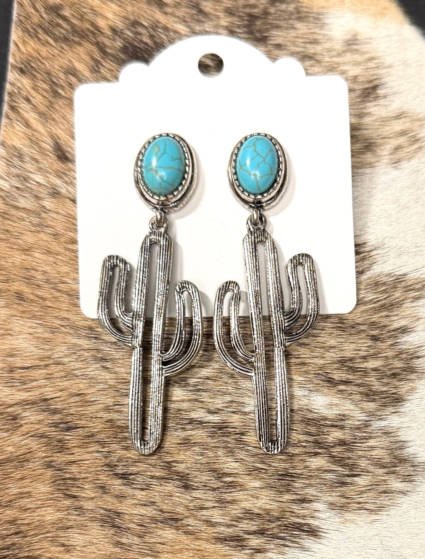 Faux Turquoise Cactus Dangle Earrings – Silver Western Desert Statement Earrings