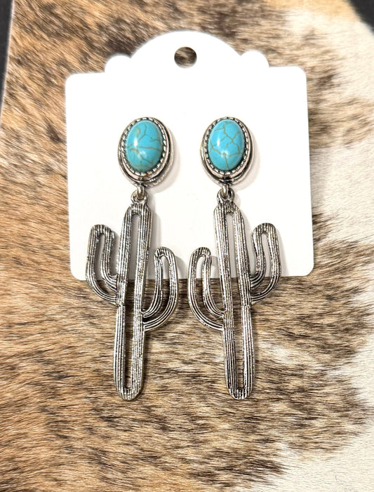 Faux Turquoise Cactus Dangle Earrings – Silver Western Desert Statement Earrings