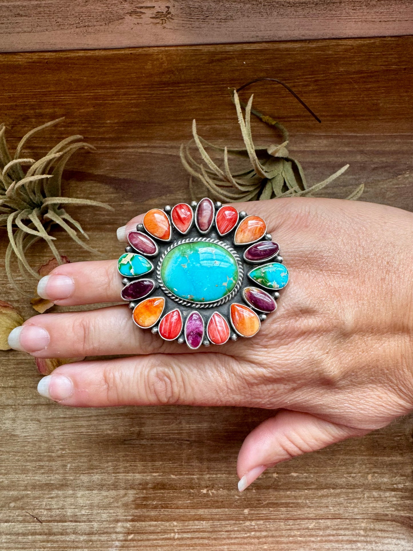 Adjustable Cluster Ring – Sonoran Gold & Spiny Oyster by E. Richards, Native Made