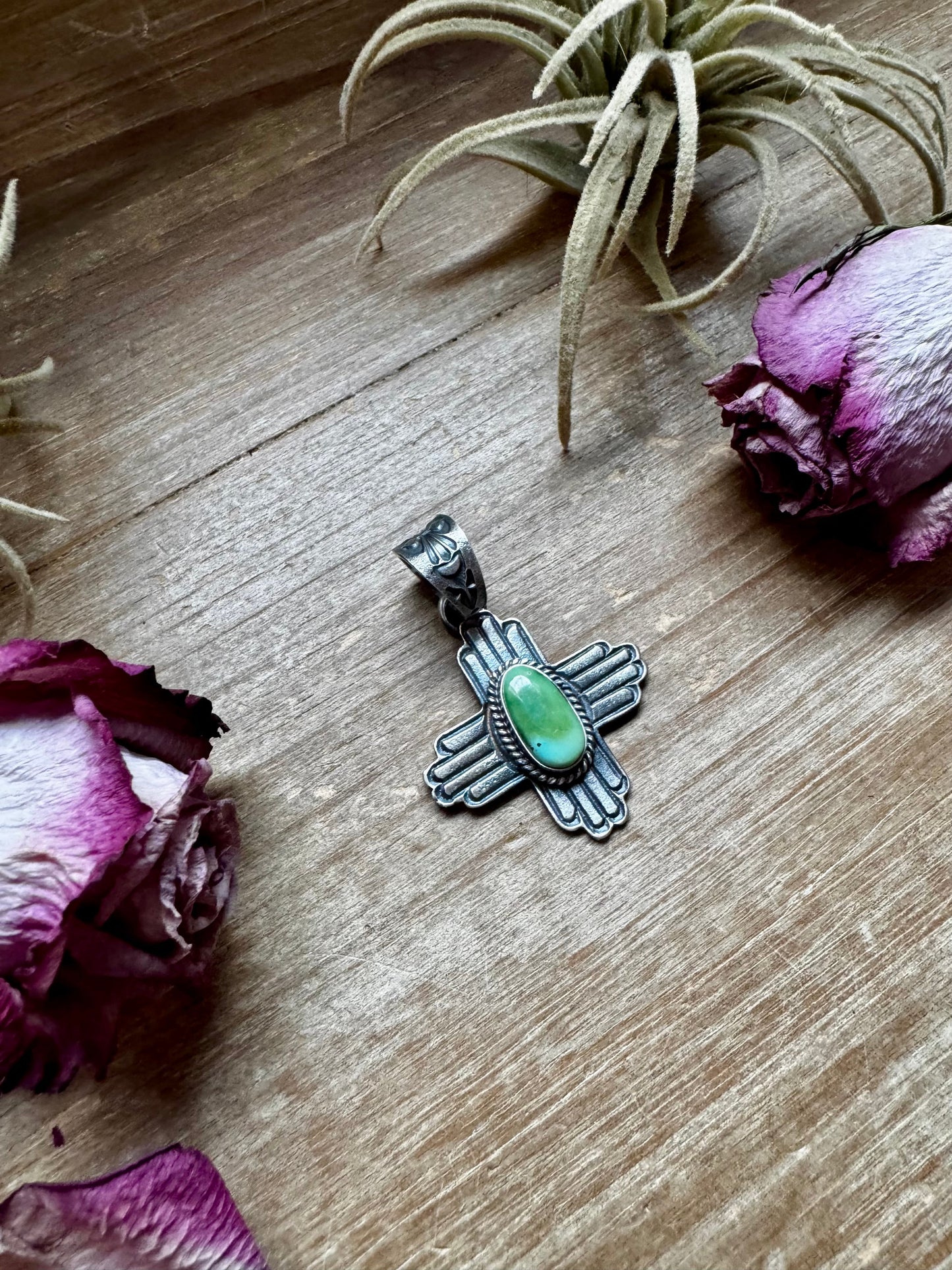 Zia Symbol Pendant with Sonoran Gold Turquoise – Sterling Silver – Native Made by K. Billah – Fits 8mm