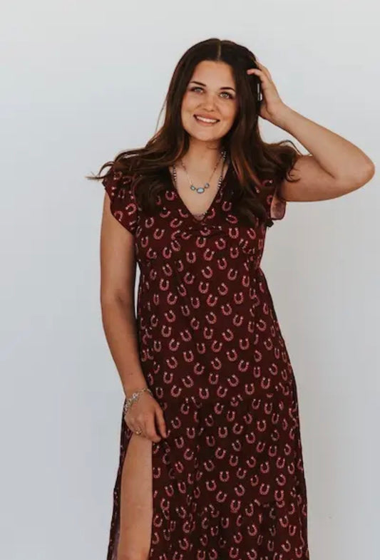 PREORDER- deep wine horseshoe short sleeve ruffle cap tier dress
