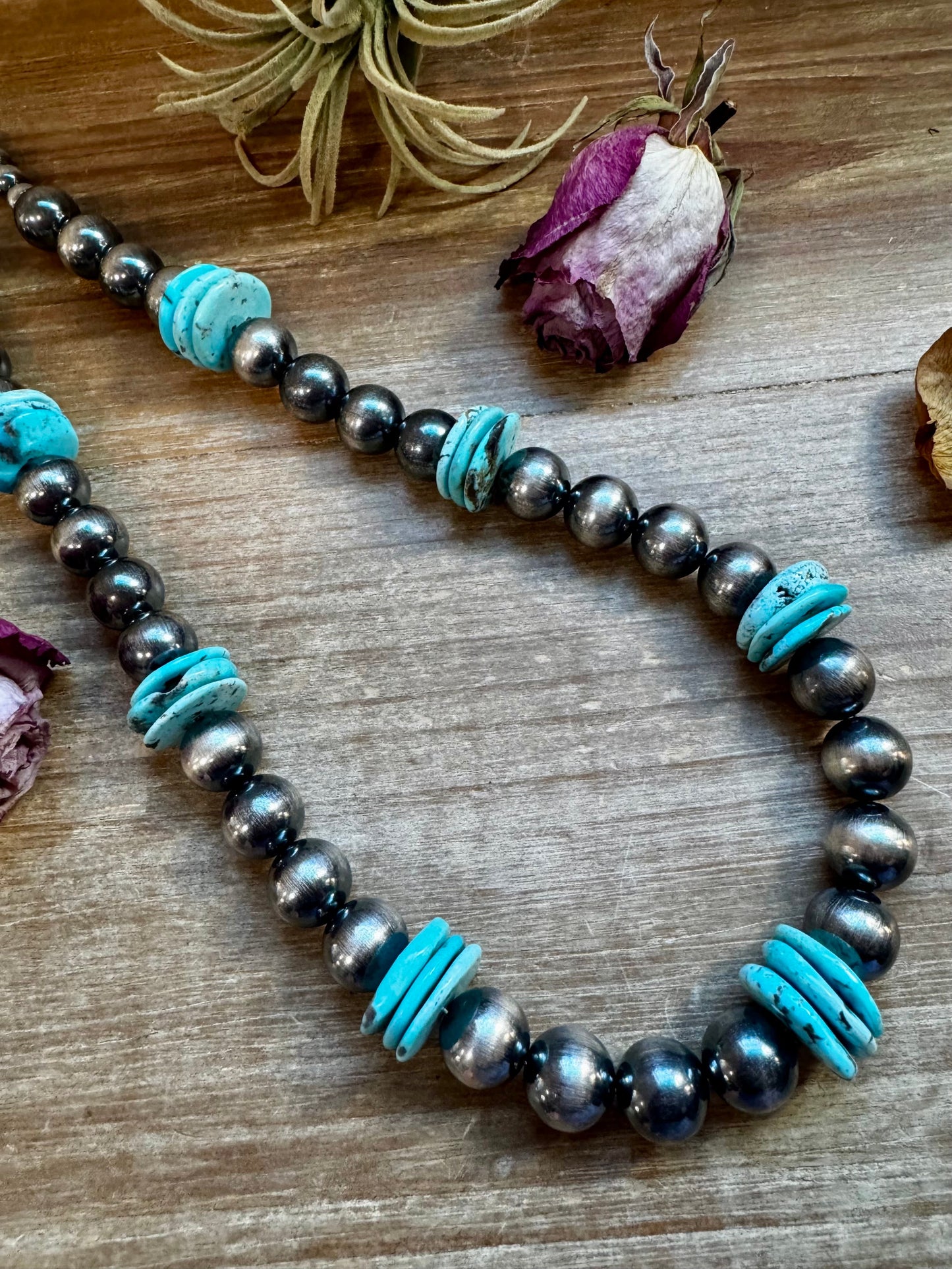 NFR Collection Necklace – 8mm & 14mm Sterling Silver Pearls with 20mm Turquoise Disc – Handmade by The Bijoux FAB – 23.5"