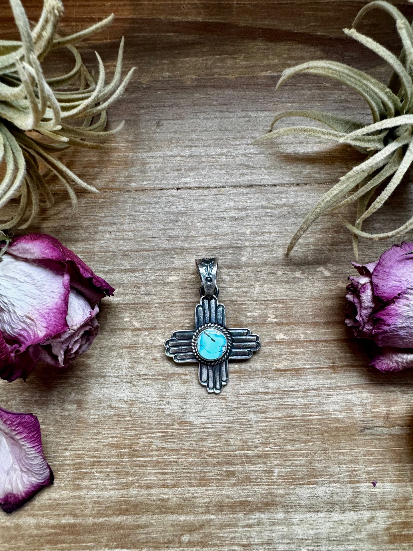 Zia Symbol Pendant with Golden Hill Turquoise – Sterling Silver – Native Made – Fits 8mm