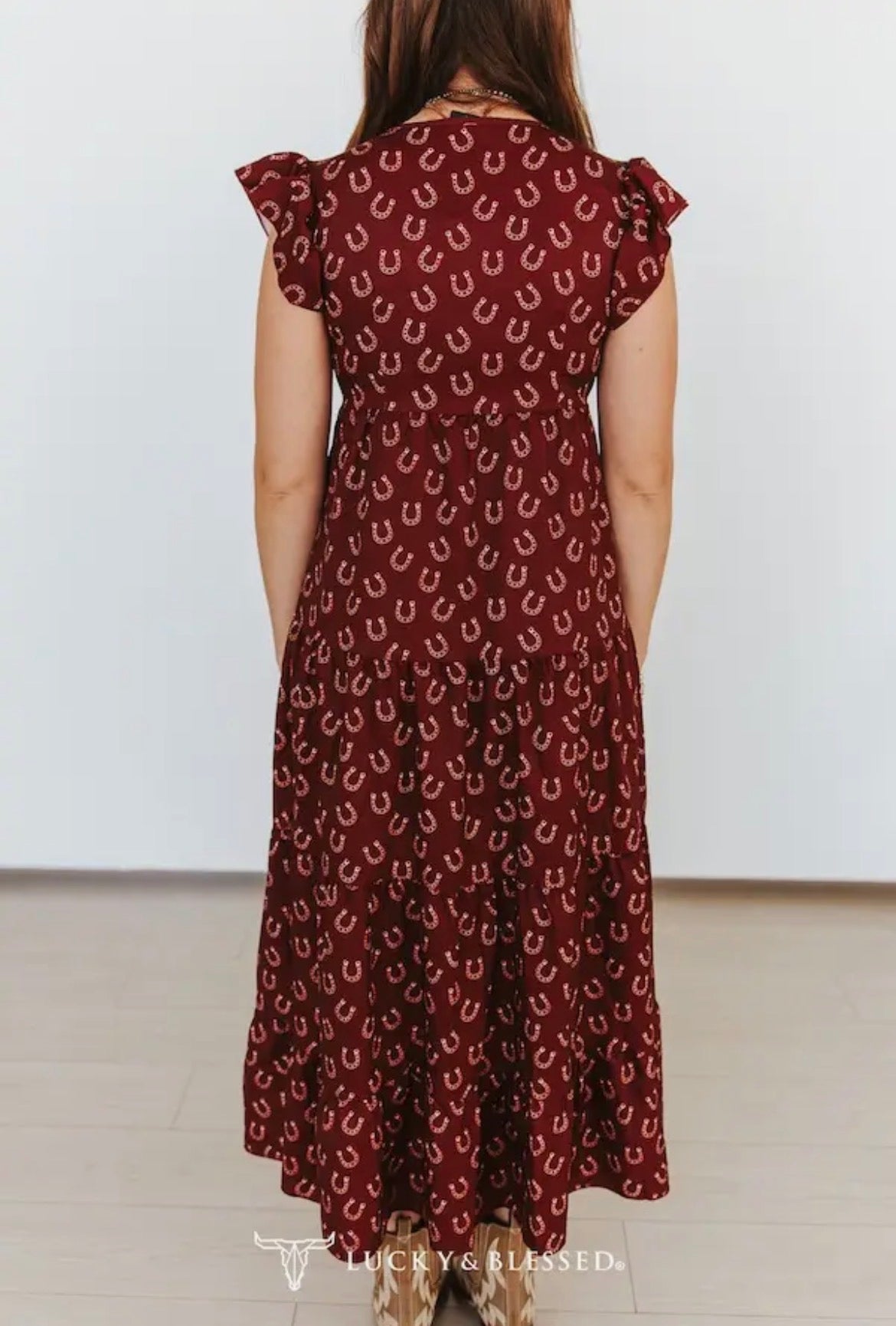 PREORDER- deep wine horseshoe short sleeve ruffle cap tier dress