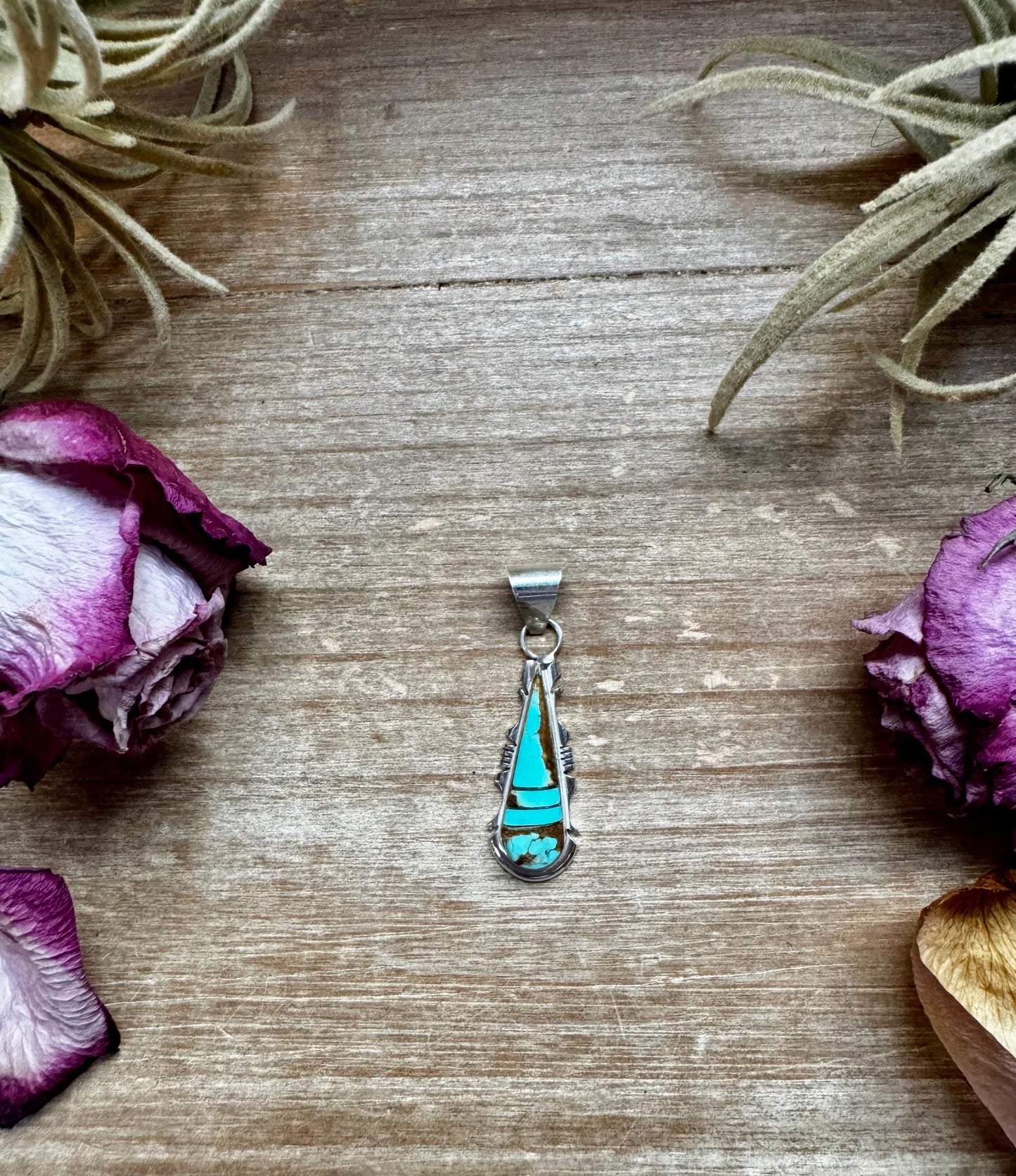 Teardrop Pendant with Kingman Turquoise – Option 5 – Sterling Silver – Native Made by SF – Fits 5mm