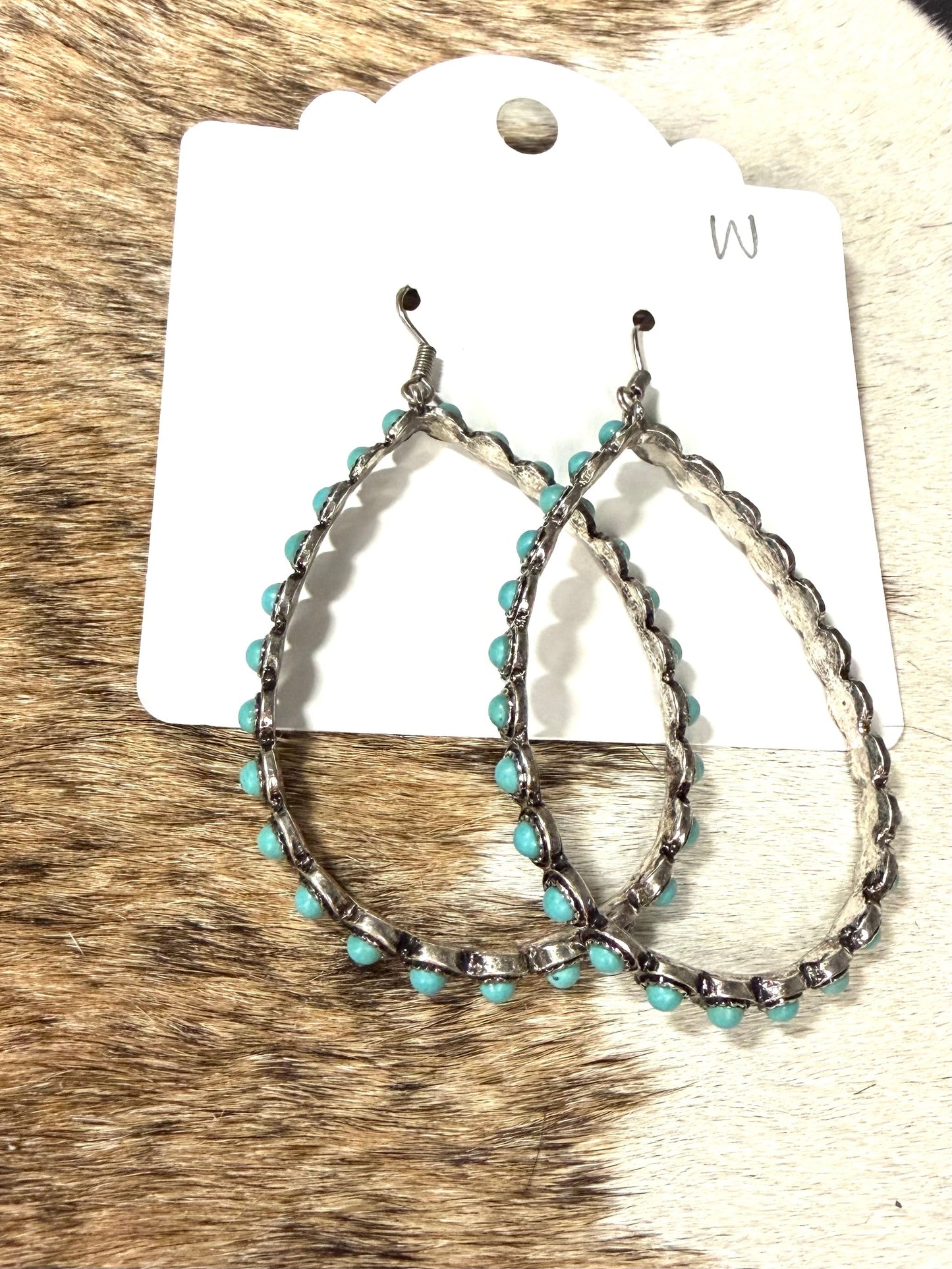 Faux Turquoise Beaded Teardrop Hoop Earrings – Silver Western Cowgirl Dangle Earrings
