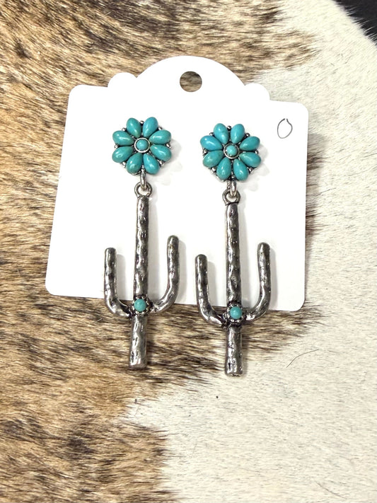 Faux Turquoise Cactus Dangle Earrings – Silver Western Desert Statement Earrings