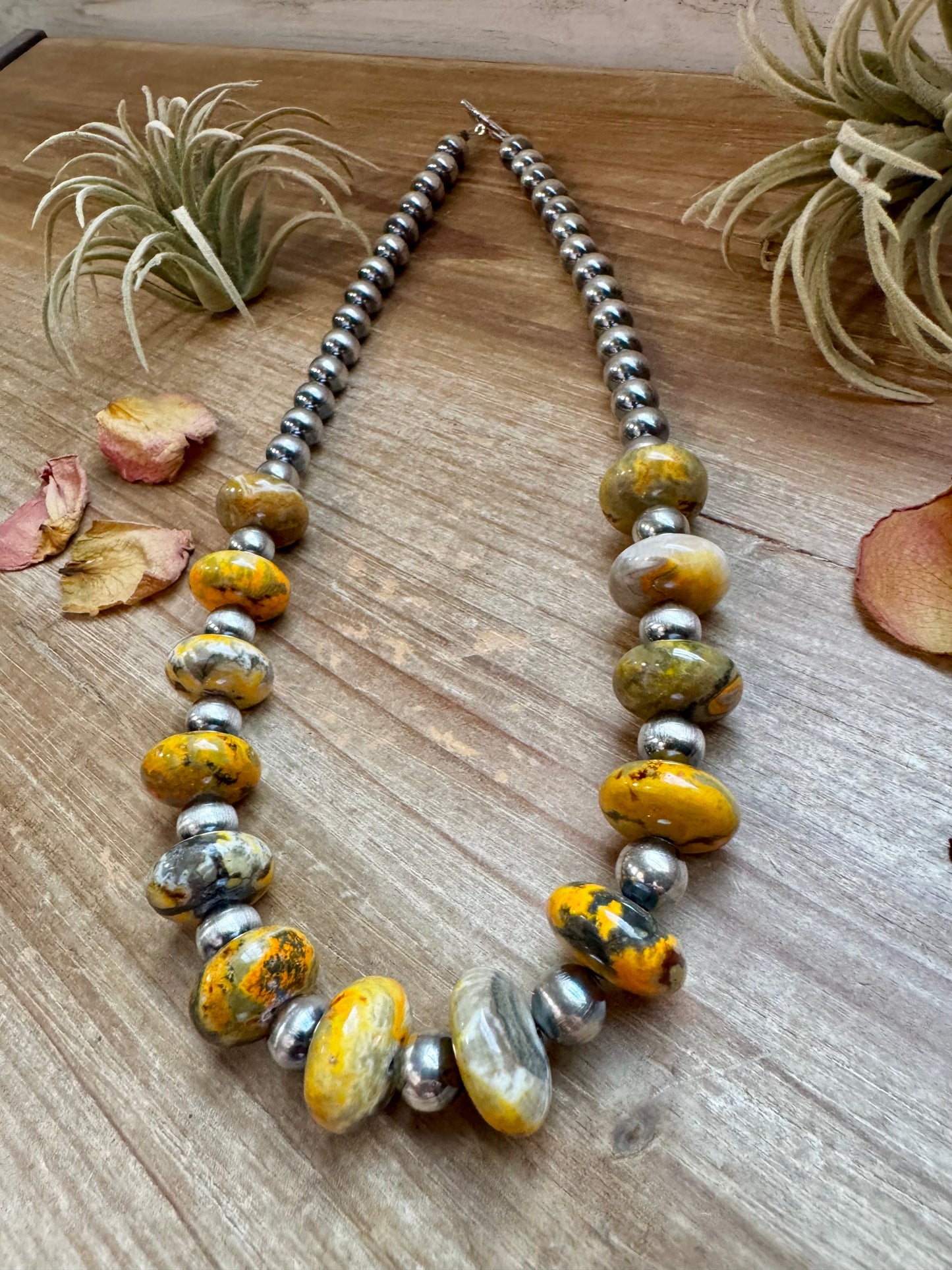 22 inch - American Rodeo Collection - 10 mm Sterling Silver Pearls & Bumblebees Jasper