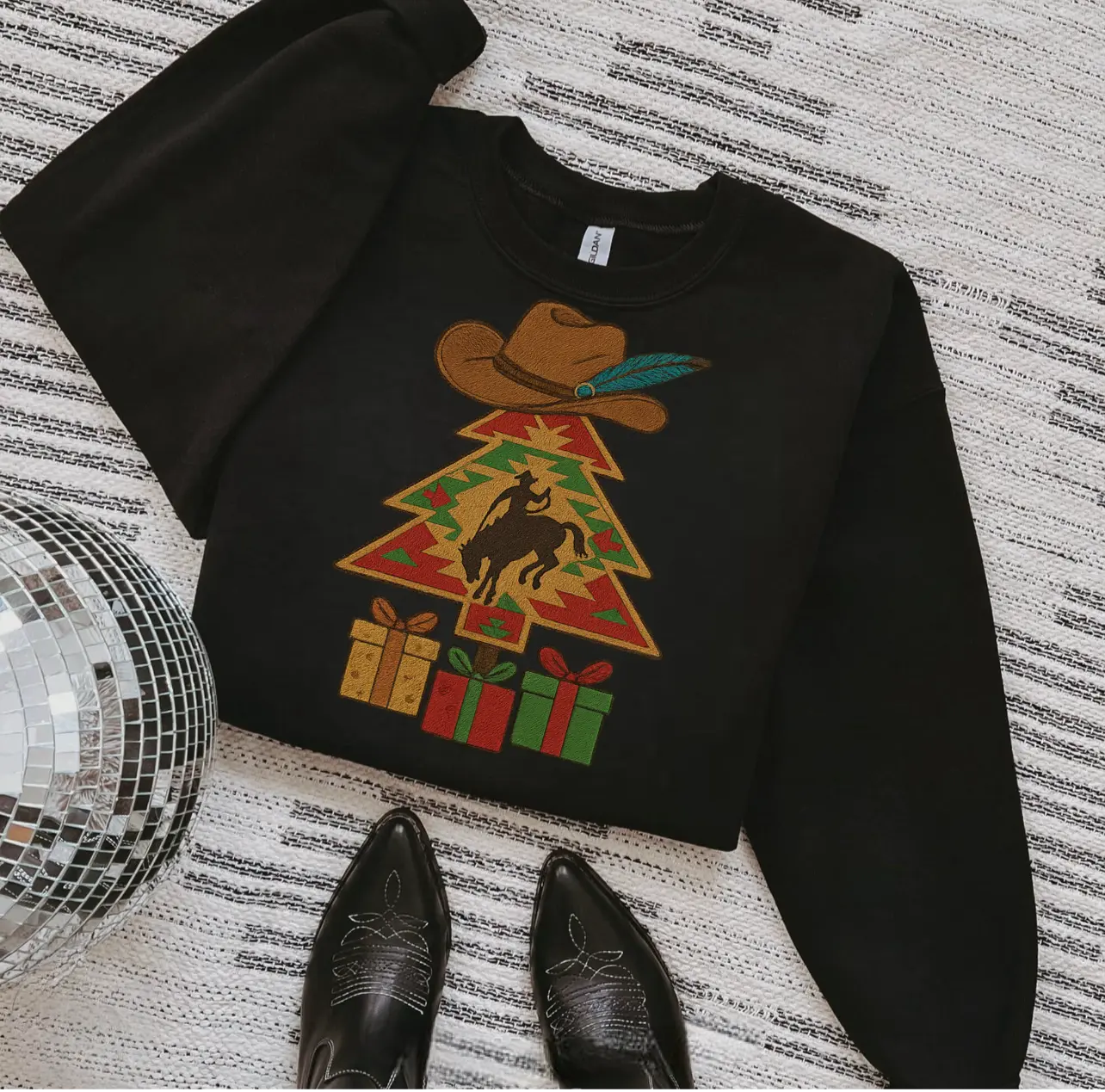 Western Faux Embroidered Cowboy Christmas Tree Bronc Rider Shirt – Graphic Tee, Long Sleeve & Crewneck