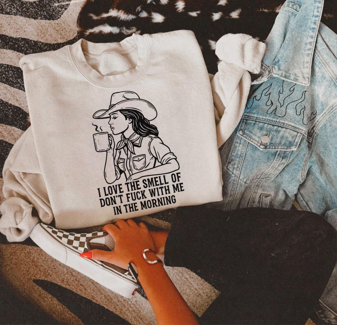 Don’t F*ck With Me In The Morning Cowgirl Coffee Gildan Sand Shirt – Graphic Tee, Long Sleeve & Crewneck.
