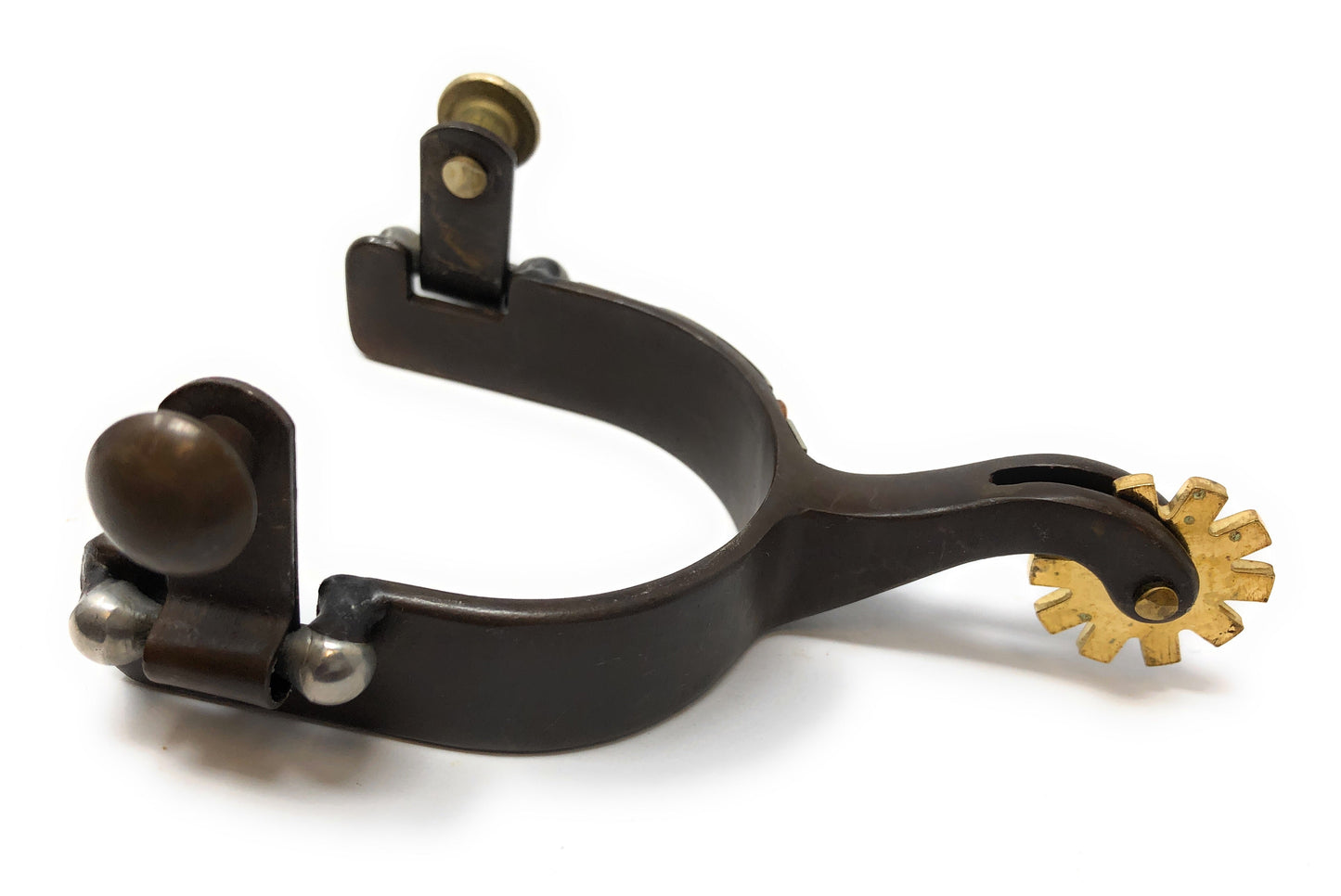 AJ Tack Youth Antique Brown Western Engraved Spurs with Copper Dots