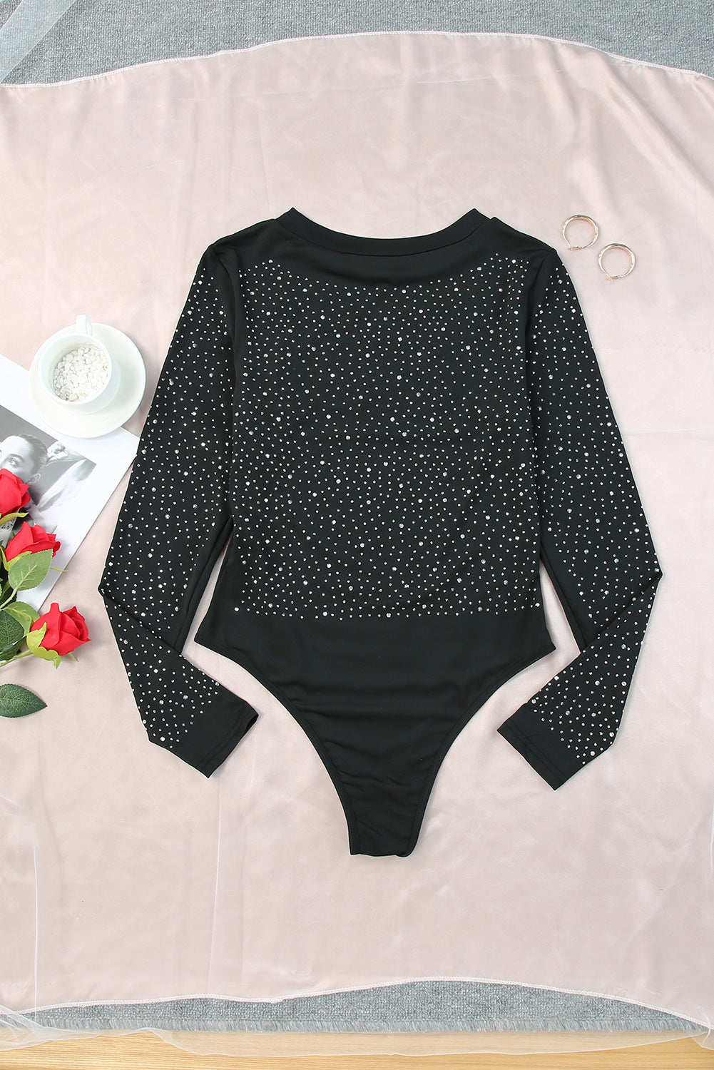 Black Rhinestone O-neck Long Sleeve Bodysuit