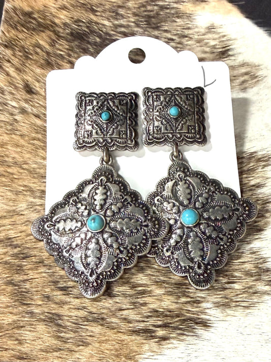 Faux Turquoise Silver Concho Statement Earrings – Western Cowgirl Dangle Earrings
