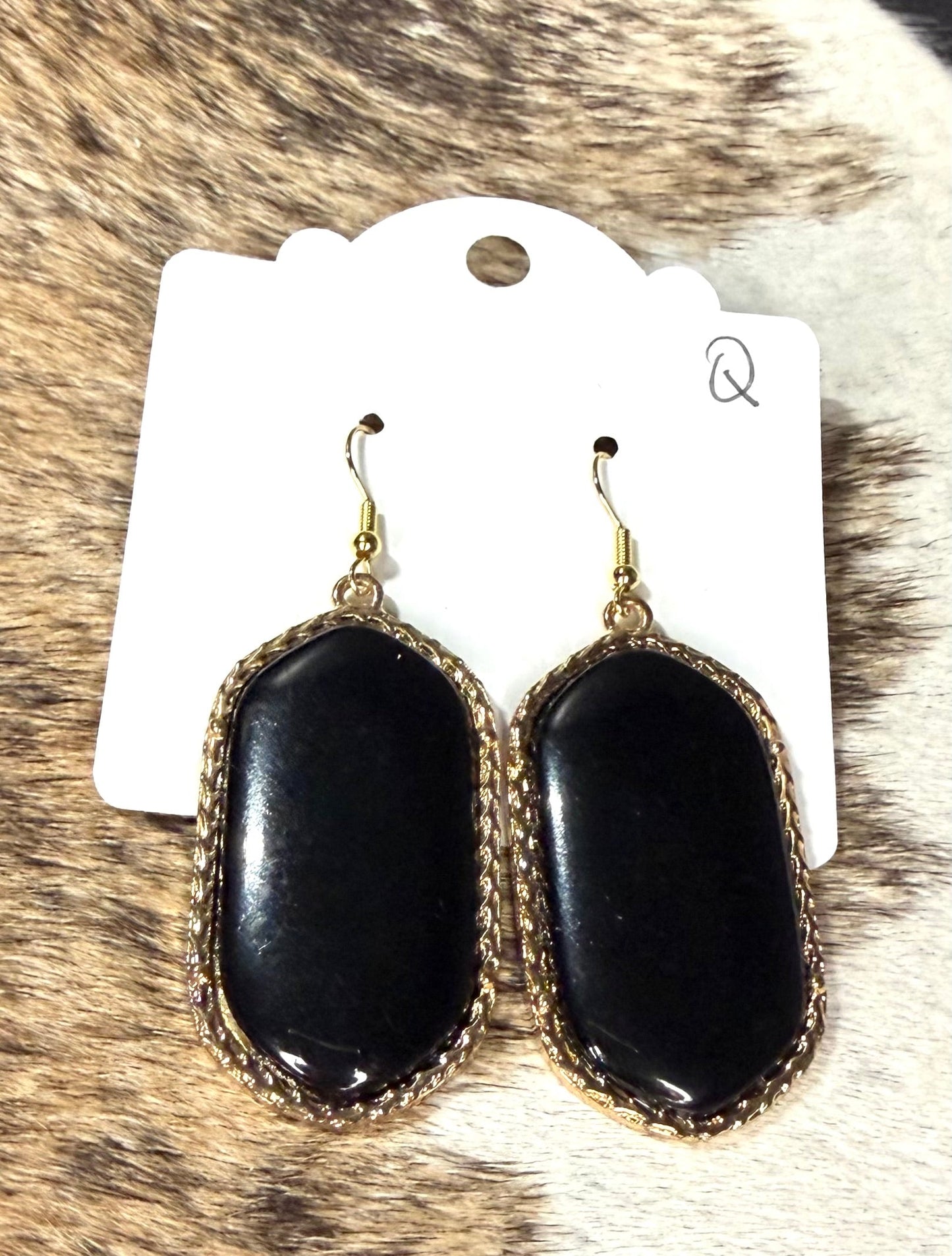 Black Oval Stone Dangle Earrings – Gold Trim Boho Western Statement Earrings