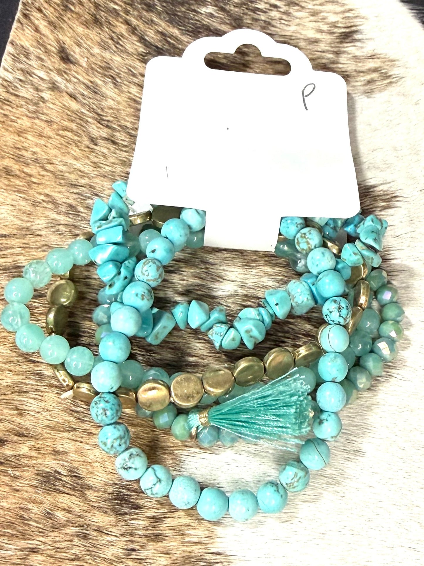 Turquoise Beaded Bracelet Stack with Tassel – Boho Western Stretch Bracelet Set (Set of 5)