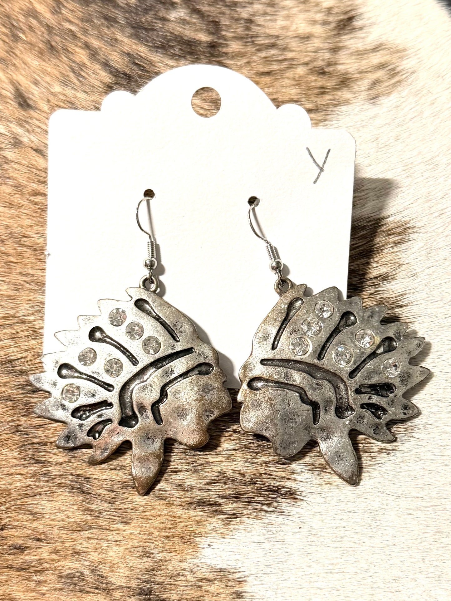 Silver Chief Head Rhinestone Earrings – Western Cowgirl Statement Dangle Earrings