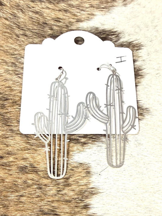 Silver Saguaro Cactus Dangle Earrings – Western Desert Boho Statement Earrings