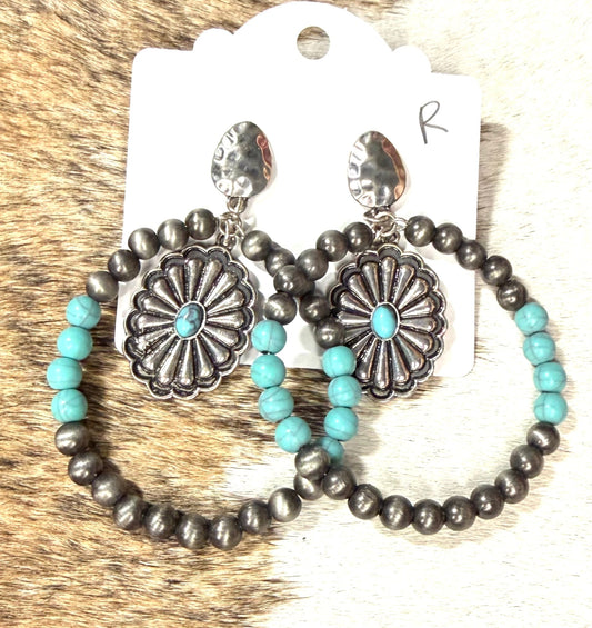 Faux Turquoise & Navajo Pearl Beaded Hoop Earrings with Silver Concho Charm – Western Cowgirl Statement Earrings