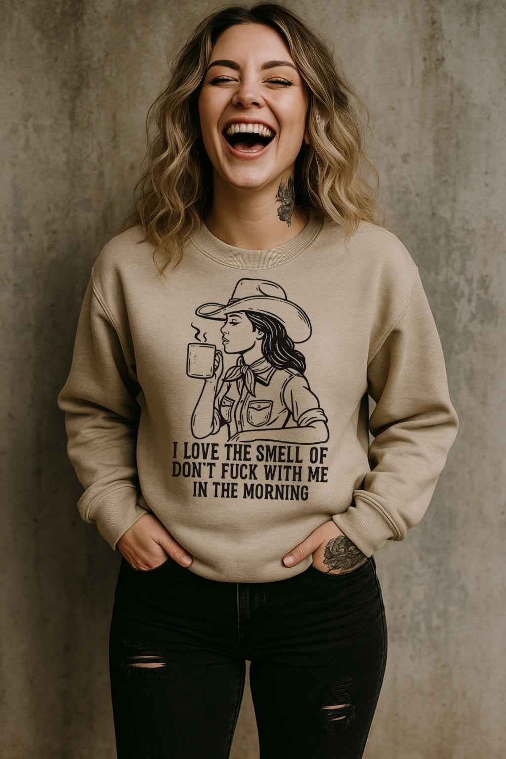 Don’t F*ck With Me In The Morning Cowgirl Coffee Gildan Sand Shirt – Graphic Tee, Long Sleeve & Crewneck.